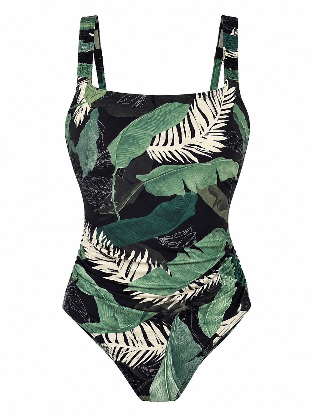 Green and Black Tropical Palm Design One-Piece TummyControl Swimsuit